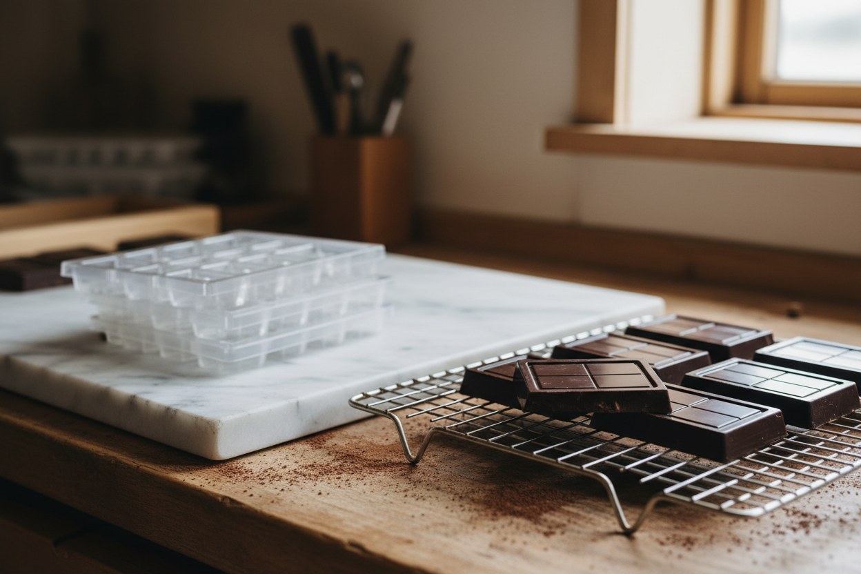 Barras de chocolate de origen recién temperadas y moldeadas en el taller de la finca