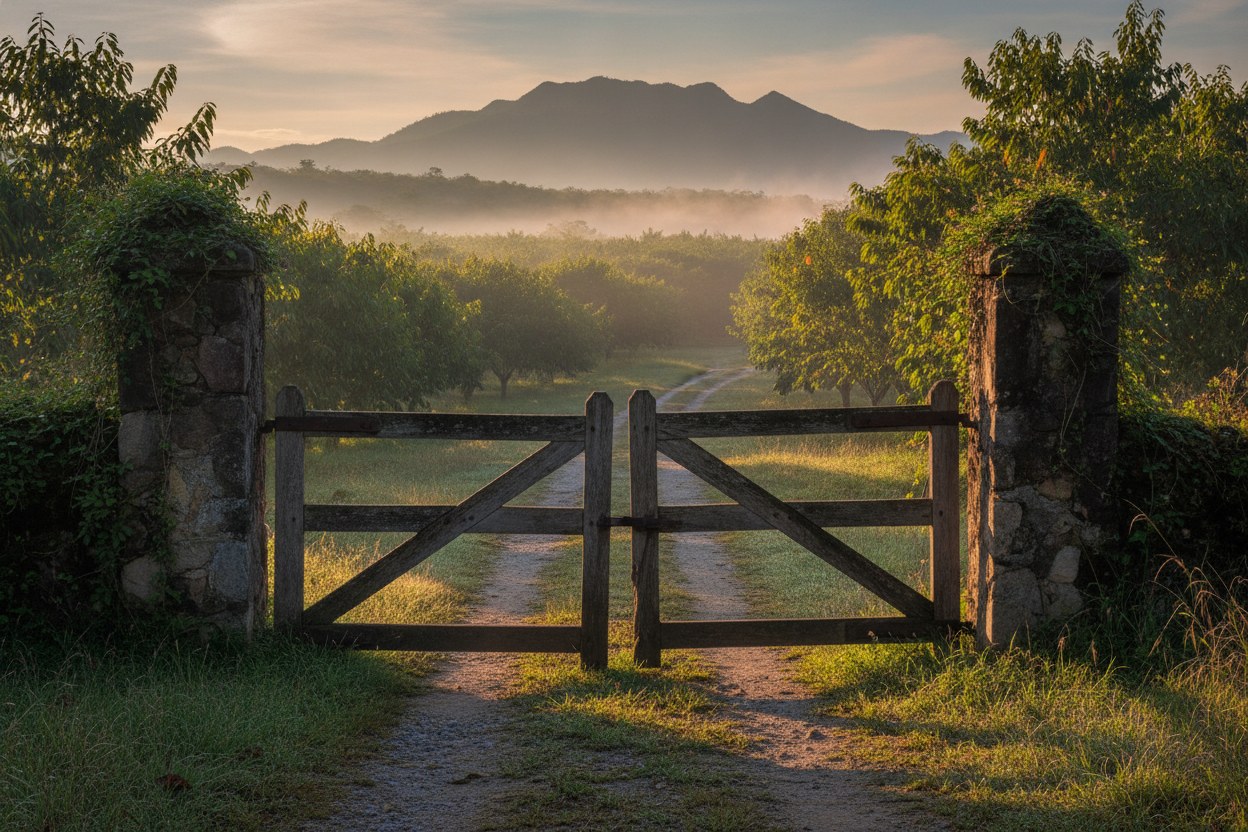 Entrada de la finca al amanecer, con la reja de madera y los cacaotales al fondo