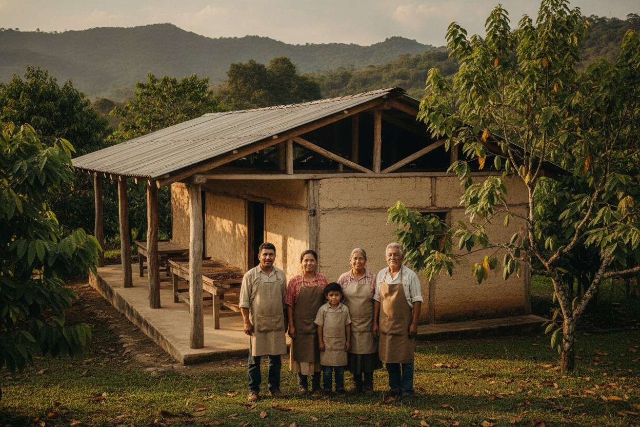 La familia Chandomí frente al taller de chocolate de la finca