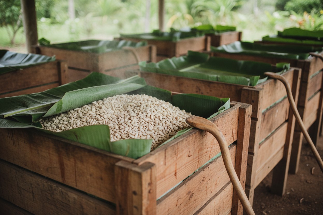 Cajas de cedro con grano de cacao cubierto por hoja de plátano durante la fermentación