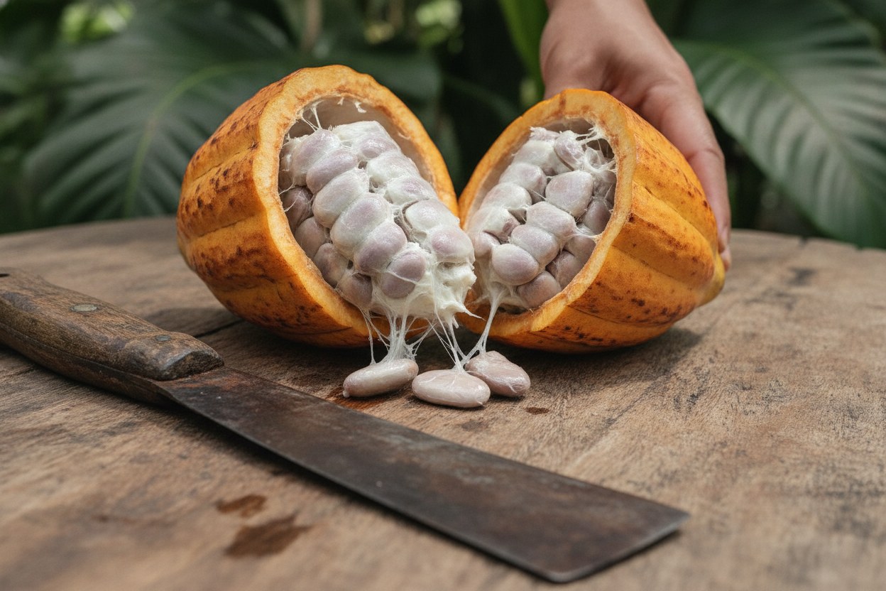 Mazorca de cacao criollo recién quebrada mostrando la pulpa blanca y los granos