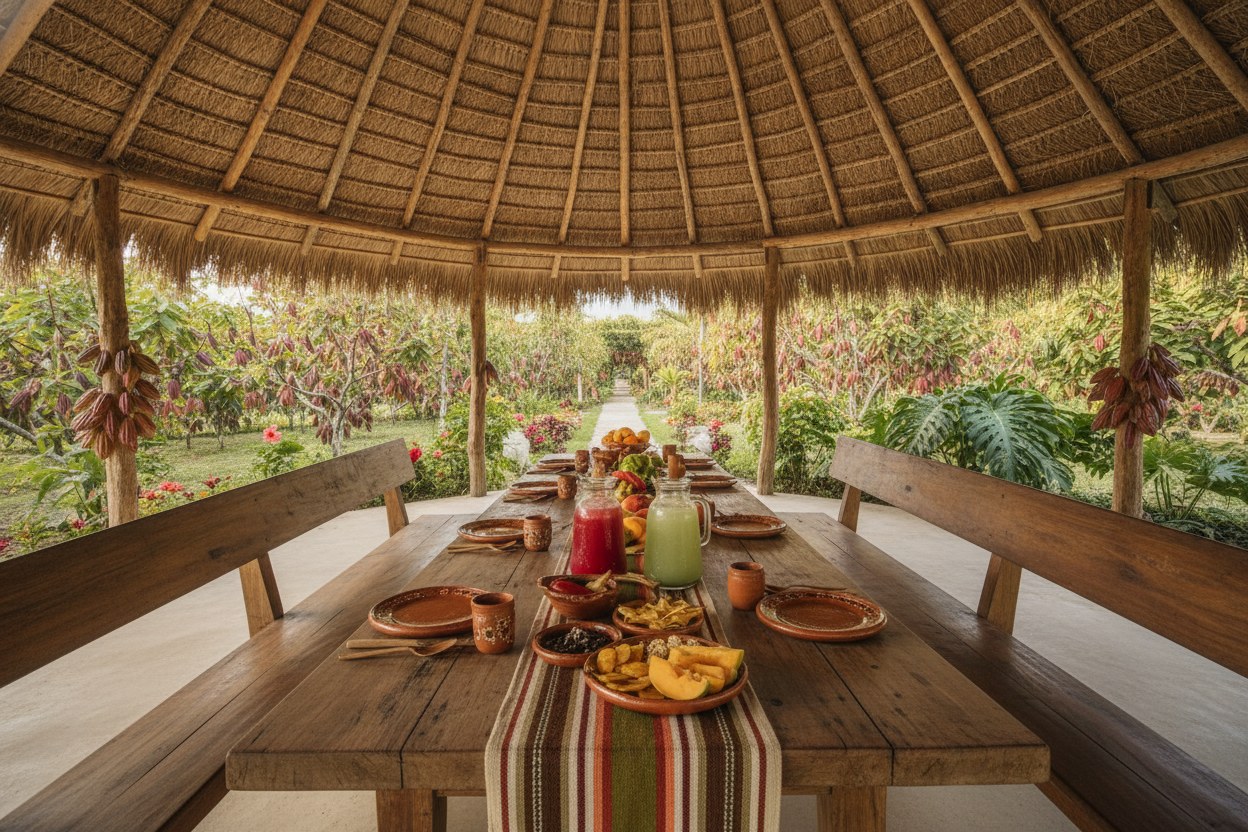 Mesa larga servida bajo la palapa de la finca para el recorrido con comida