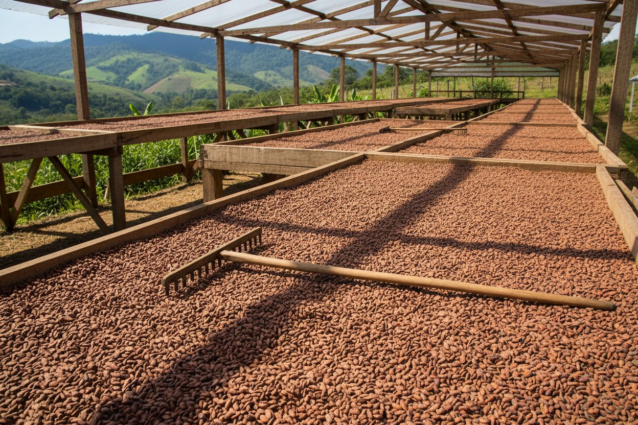 Grano de cacao extendido sobre camas de madera secándose al sol