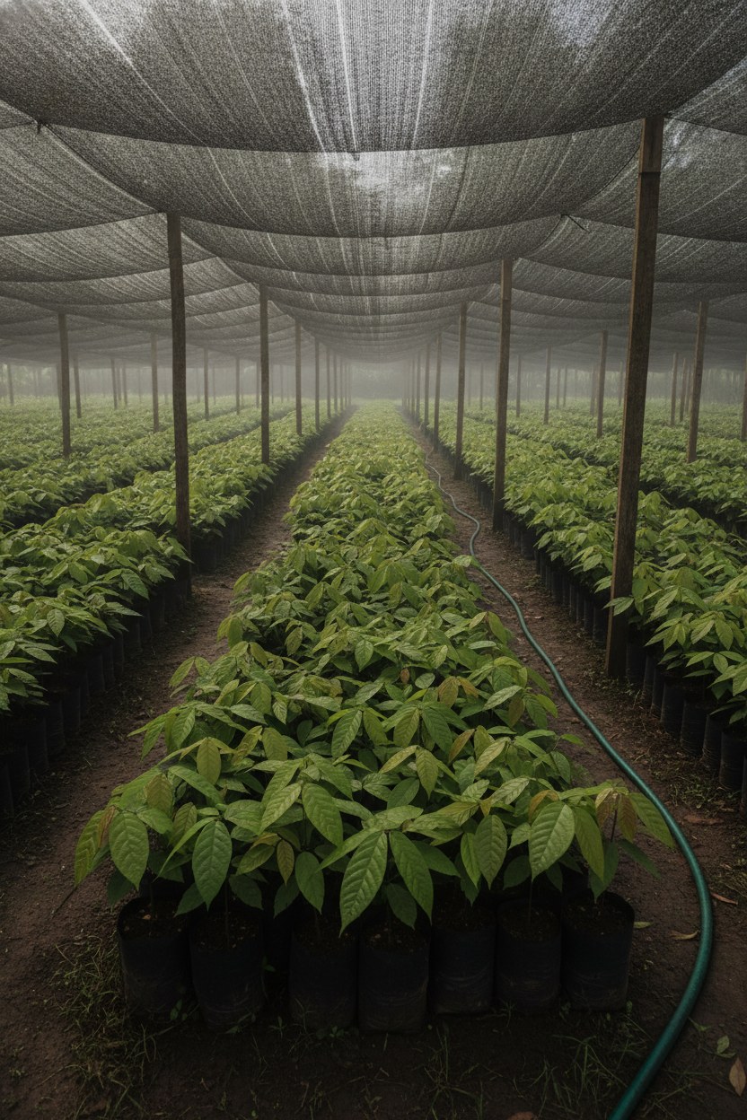Vivero de plantas de cacao criollo bajo malla sombra en la finca